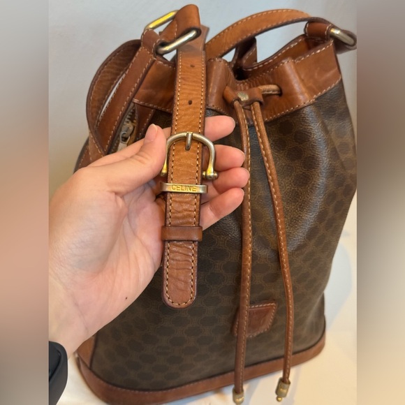 Celine Macadam Vintage Blason Brown Leather Drawstring Bucket Shoulder Bag - Picture 5 of 14